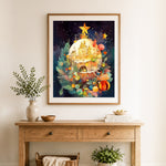Finished watercolor christmas castle cross stitch artwork displayed as home decor