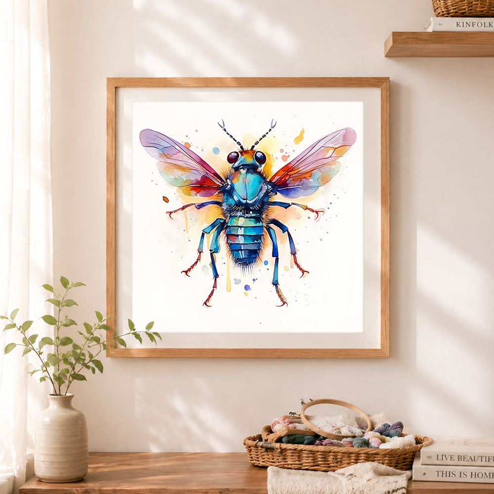Finished watercolor colorful fly cross stitch artwork displayed as home decor