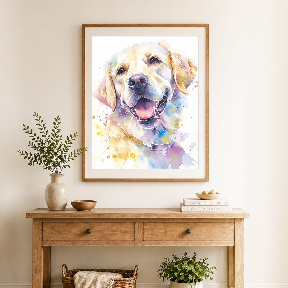 Finished watercolor cream retriever cross stitch artwork displayed as home decor