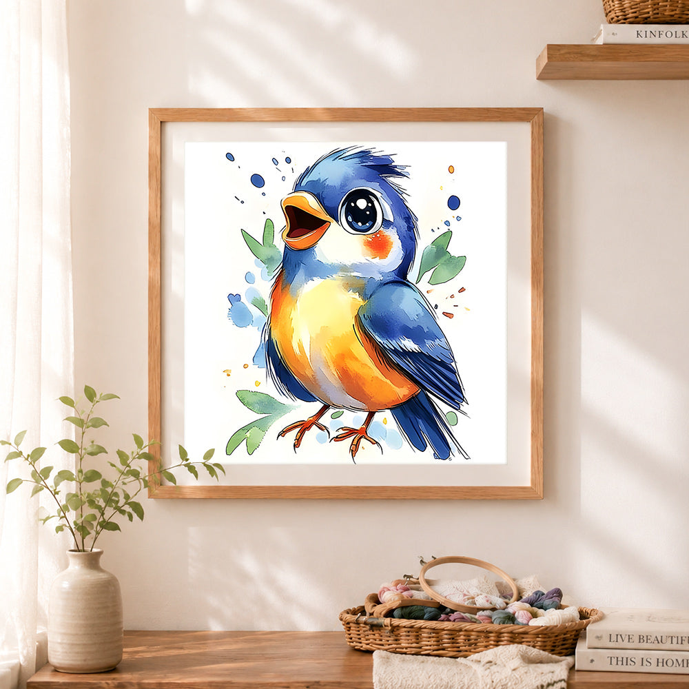 Finished watercolor cute little bird cross stitch artwork displayed as home decor