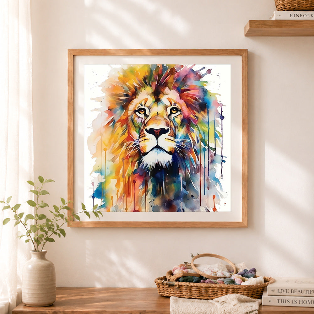 Finished watercolor drip lion art cross stitch artwork displayed as home decor