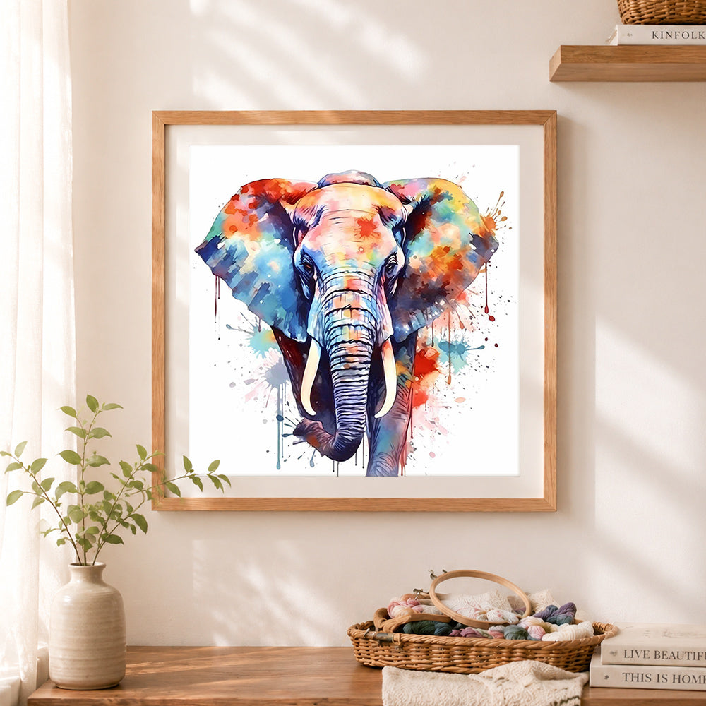 Finished watercolor elephant with splashes paint by numbers artwork displayed as home decor