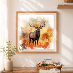 Finished watercolor elk autumn scene cross stitch artwork displayed as home decor