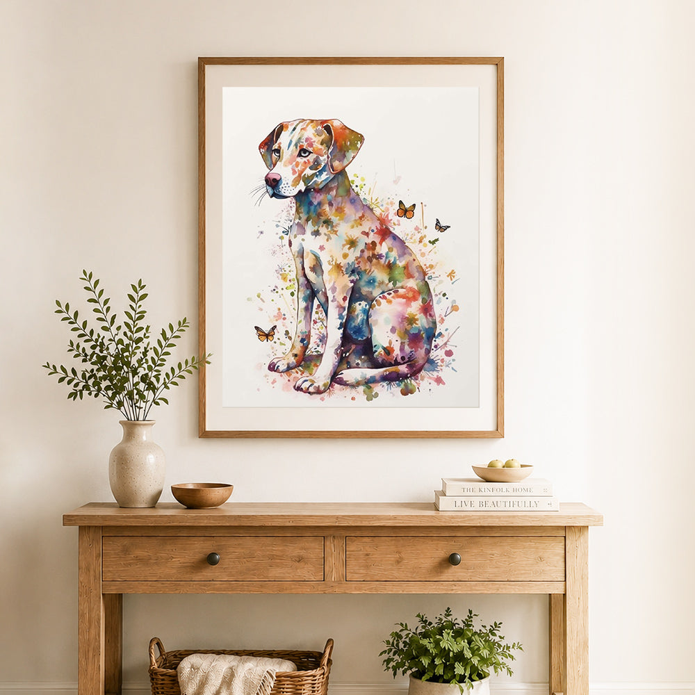 Finished watercolor floral hound cross stitch artwork displayed as home decor