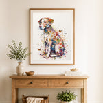 Finished watercolor floral hound cross stitch artwork displayed as home decor