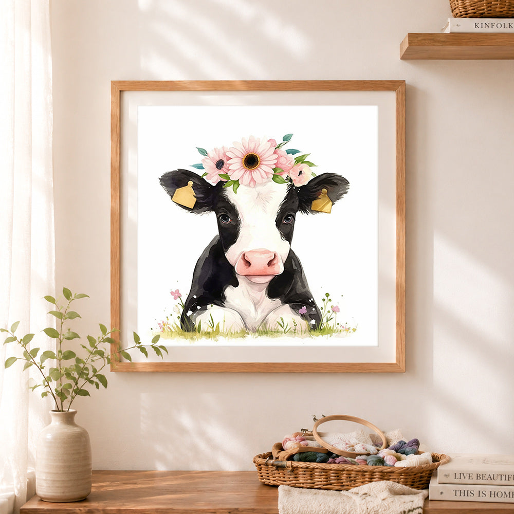 Finished watercolor flower cow cross stitch artwork displayed as home decor