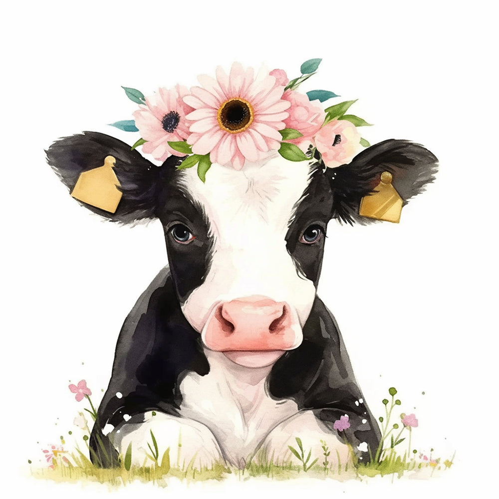 Watercolor flower cow cross stitch kit for beginners