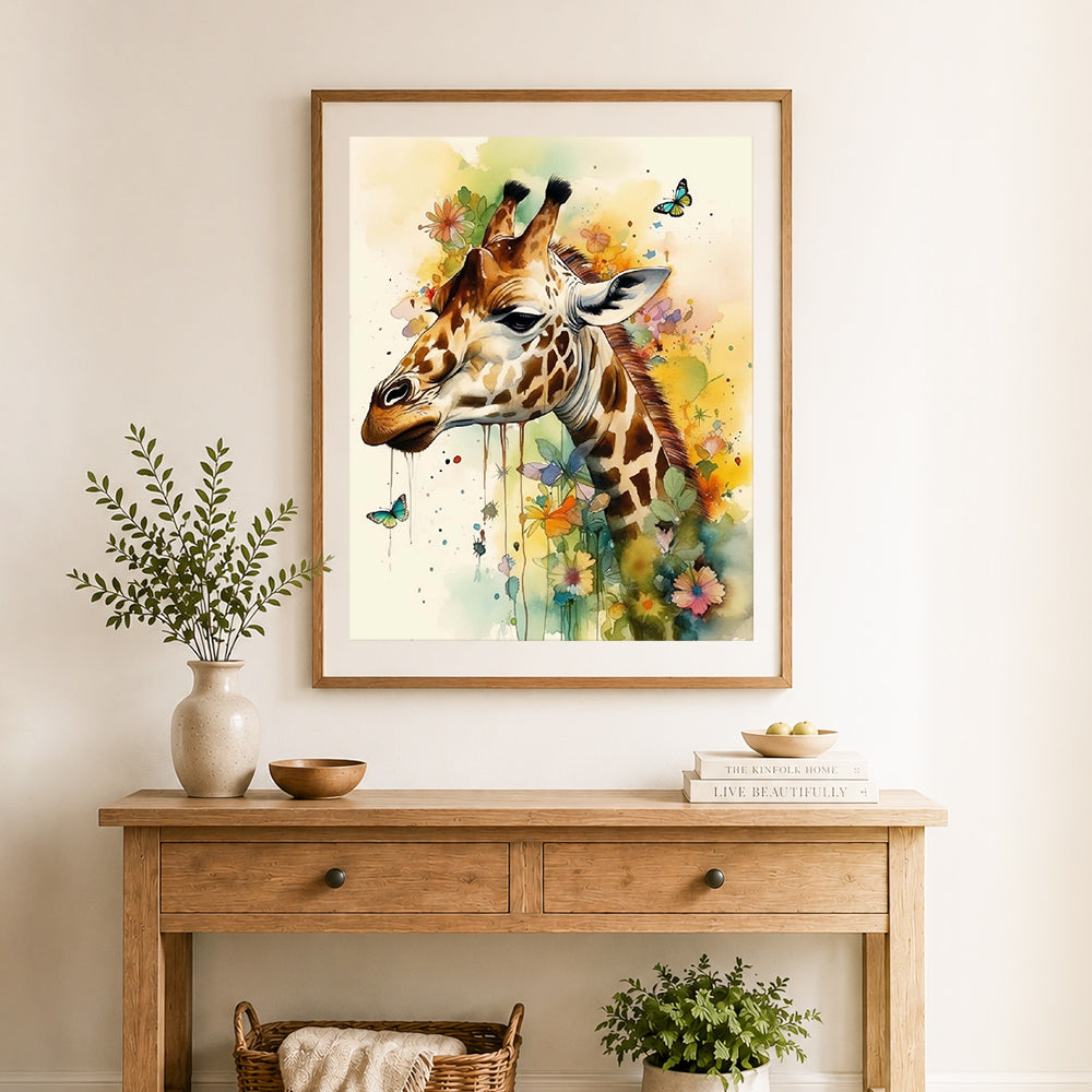 Finished watercolor giraffe with butterflies cross stitch artwork displayed as home decor