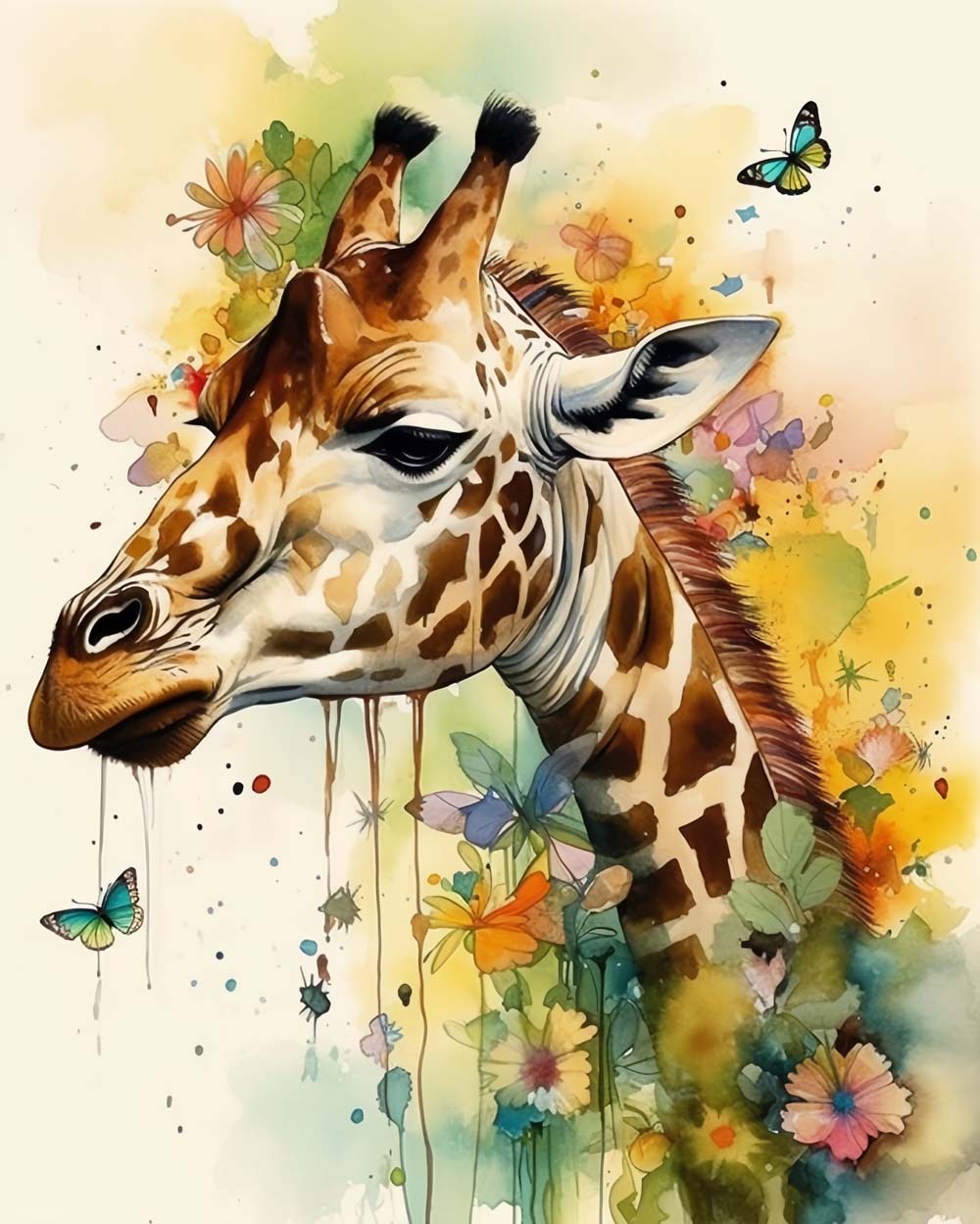 Watercolor giraffe with butterflies cross stitch kit for beginners