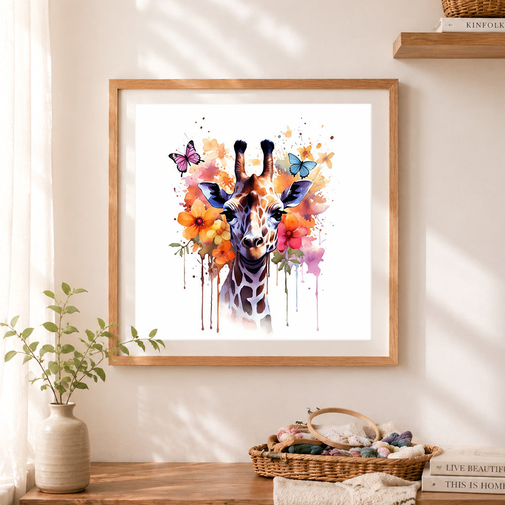 Finished watercolor giraffe with flowers cross stitch artwork displayed as home decor