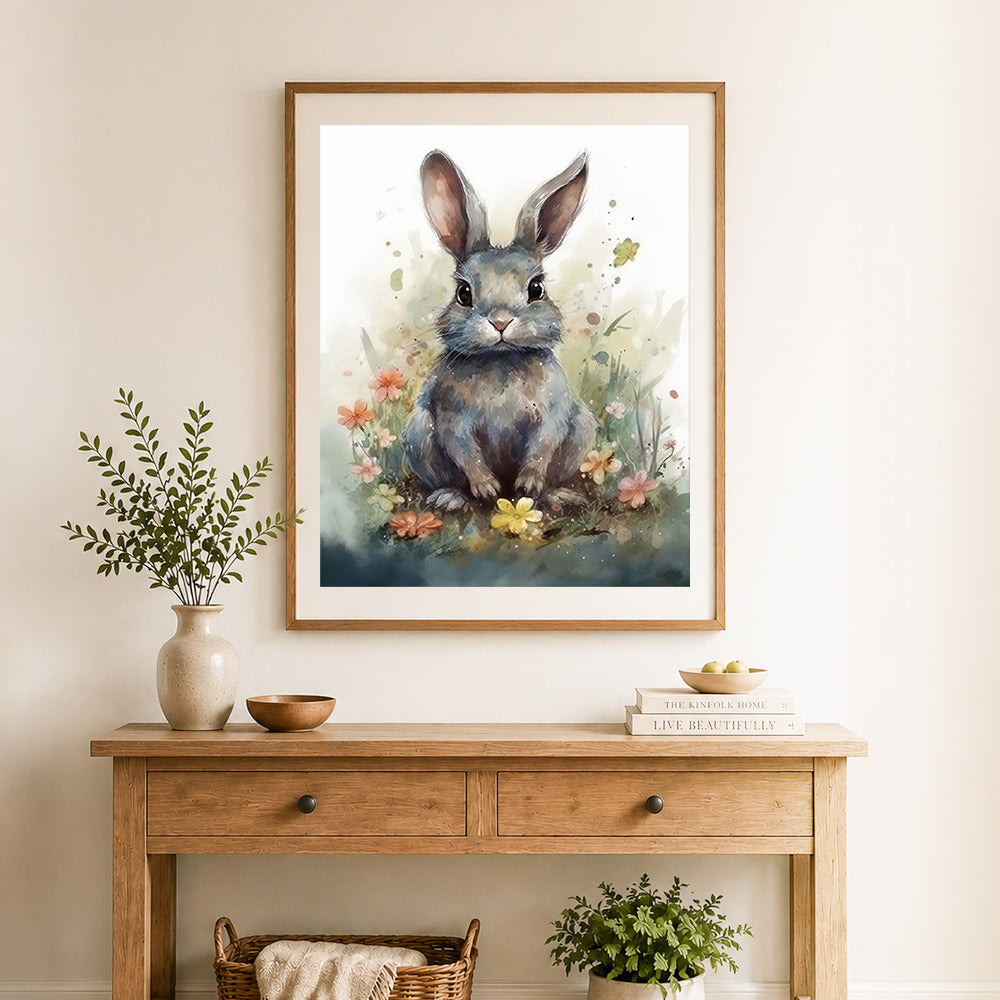 Finished watercolor gray bunny in wildflowers cross stitch artwork displayed as home decor