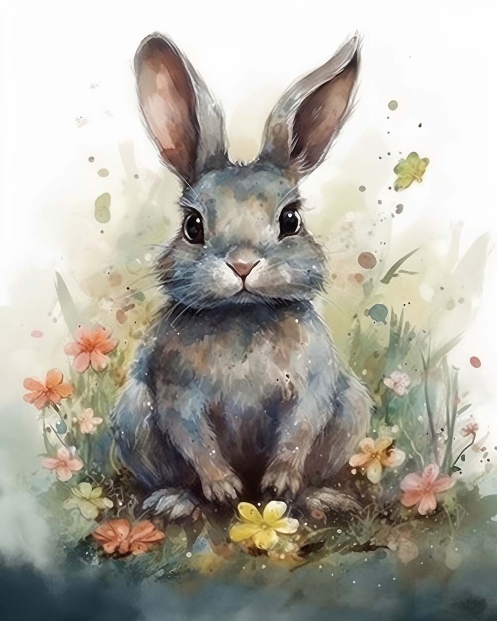Watercolor gray bunny in wildflowers cross stitch kit for beginners