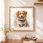 Finished watercolor happy puppy cross stitch artwork displayed as home decor