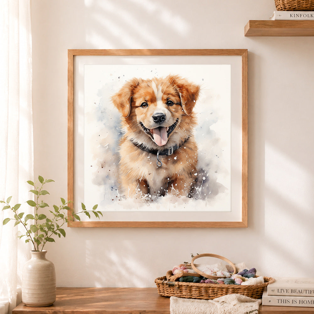 Finished watercolor happy puppy cross stitch artwork displayed as home decor