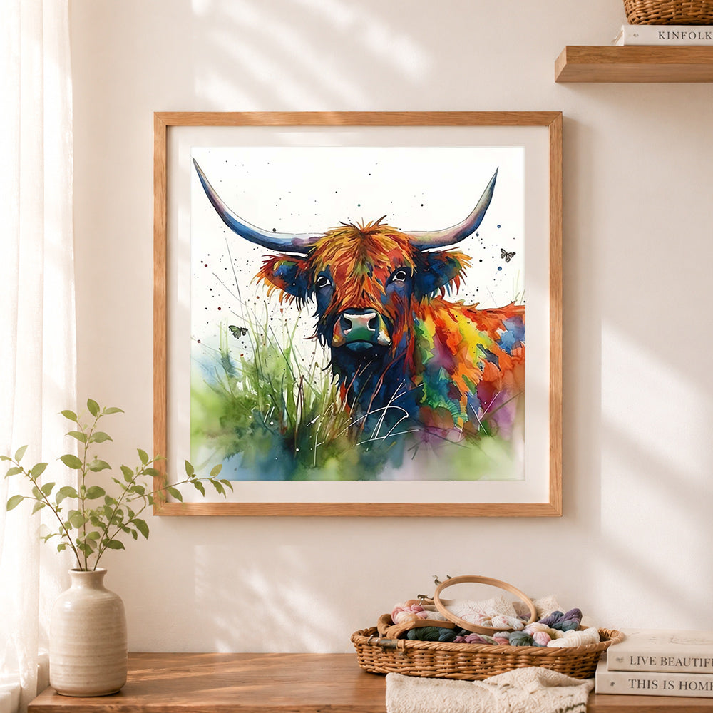 Finished watercolor highland cow cross stitch artwork displayed as home decor