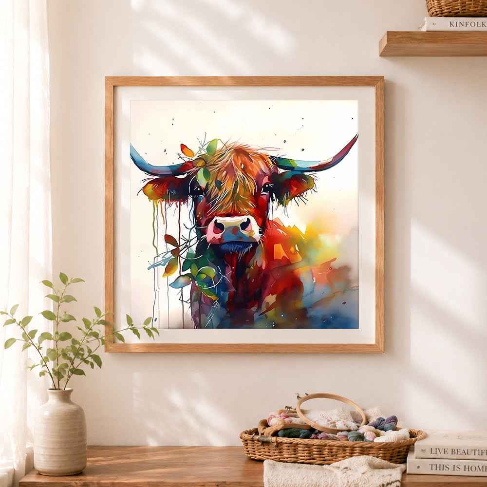 Finished watercolor highland cow with foliage cross stitch artwork displayed as home decor