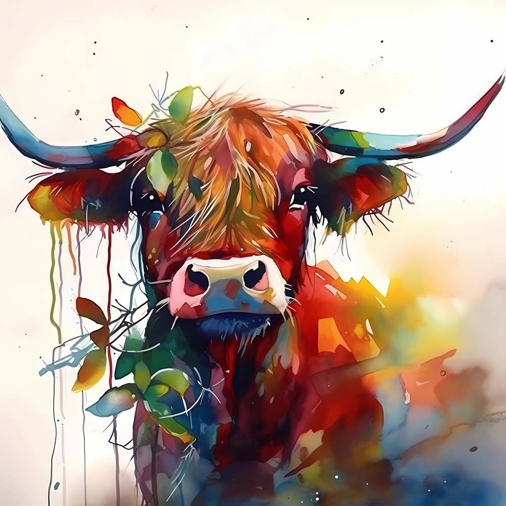 Watercolor highland cow with foliage cross stitch kit for beginners