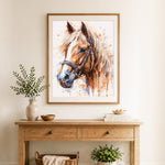 Finished watercolor horse with bridle cross stitch artwork displayed as home decor
