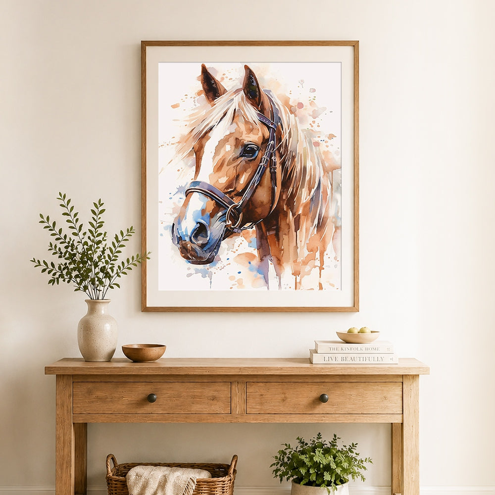 Finished watercolor horse with bridle cross stitch artwork displayed as home decor