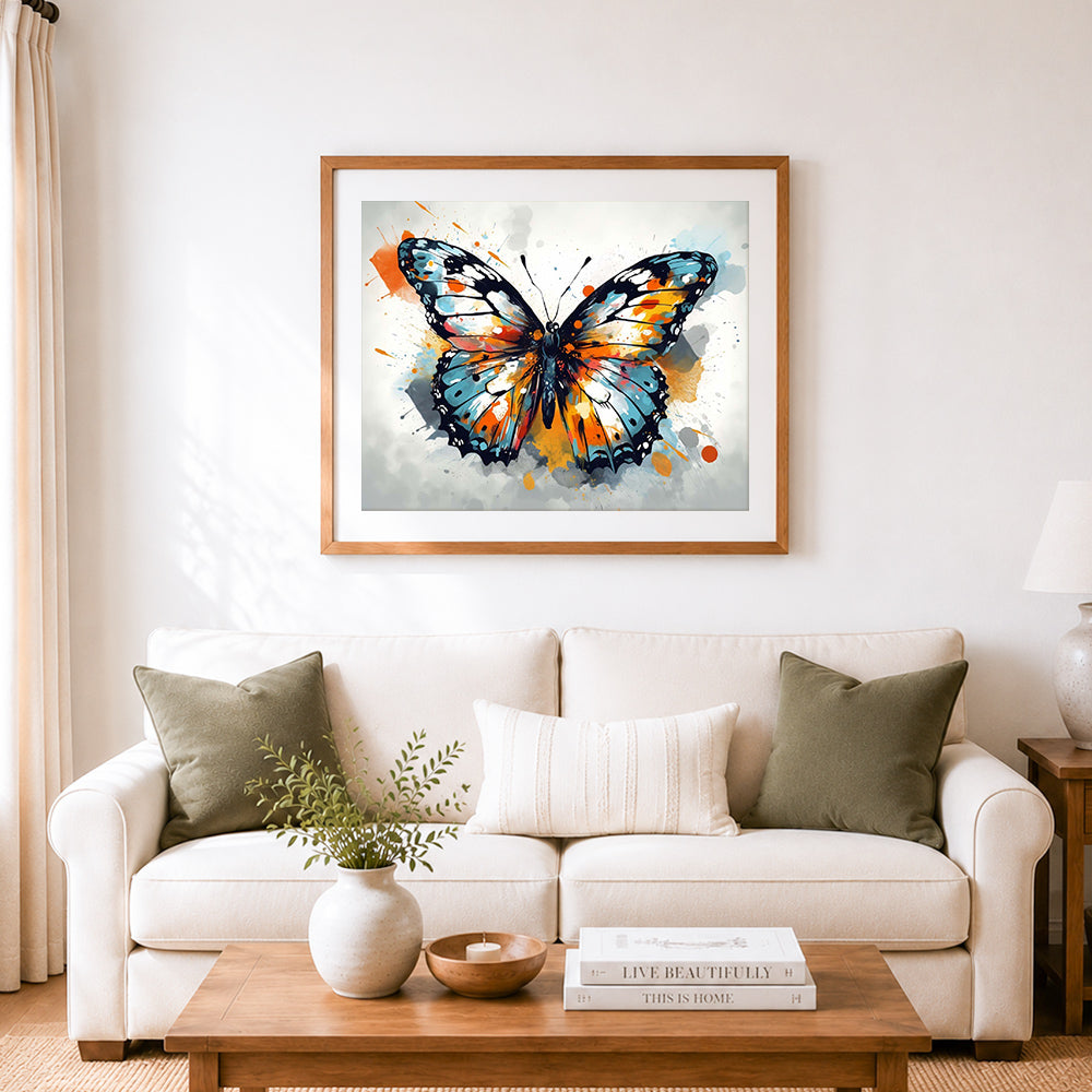 Finished watercolor ink butterfly cross stitch artwork displayed as home decor
