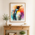 Finished watercolor king penguin cross stitch artwork displayed as home decor