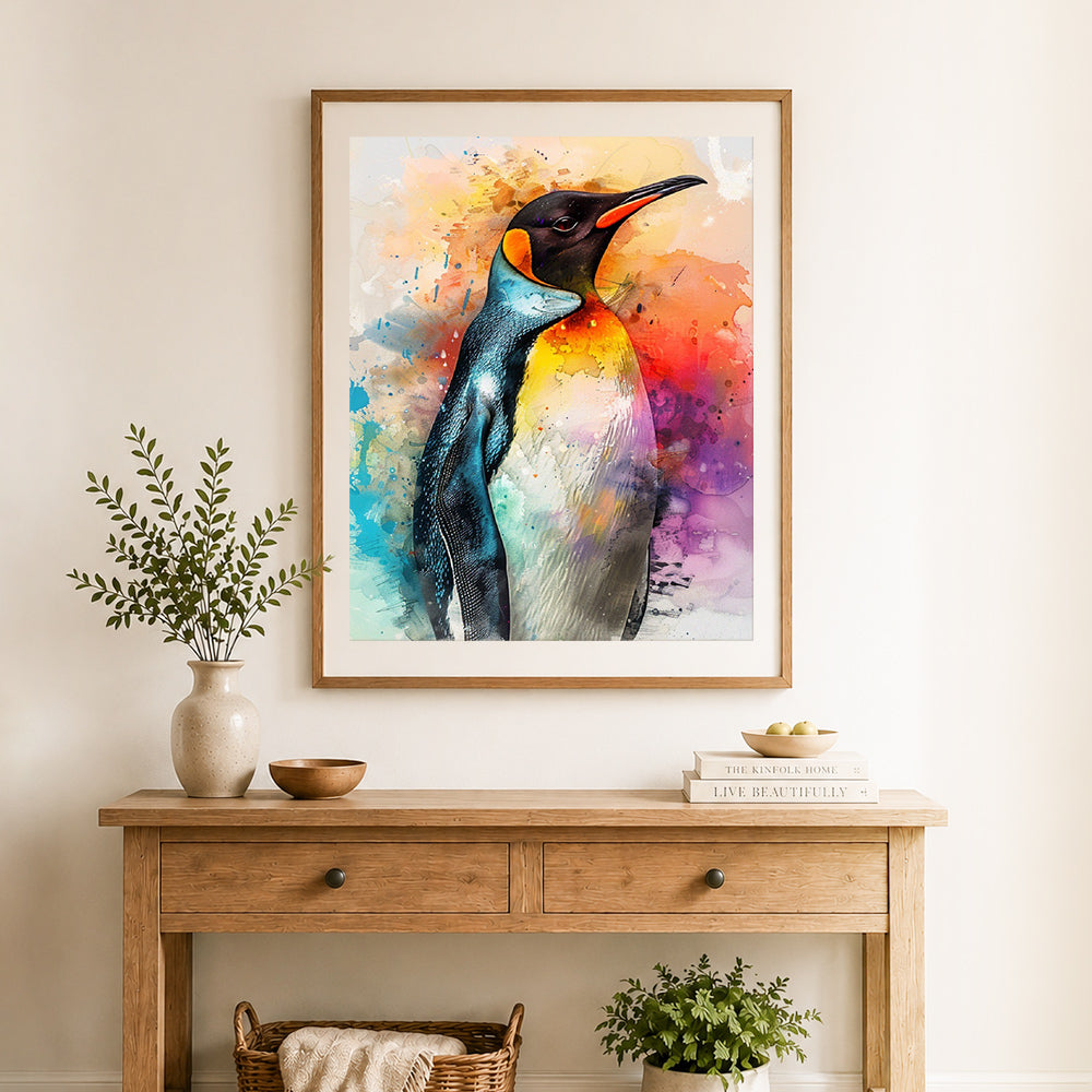 Finished watercolor king penguin cross stitch artwork displayed as home decor