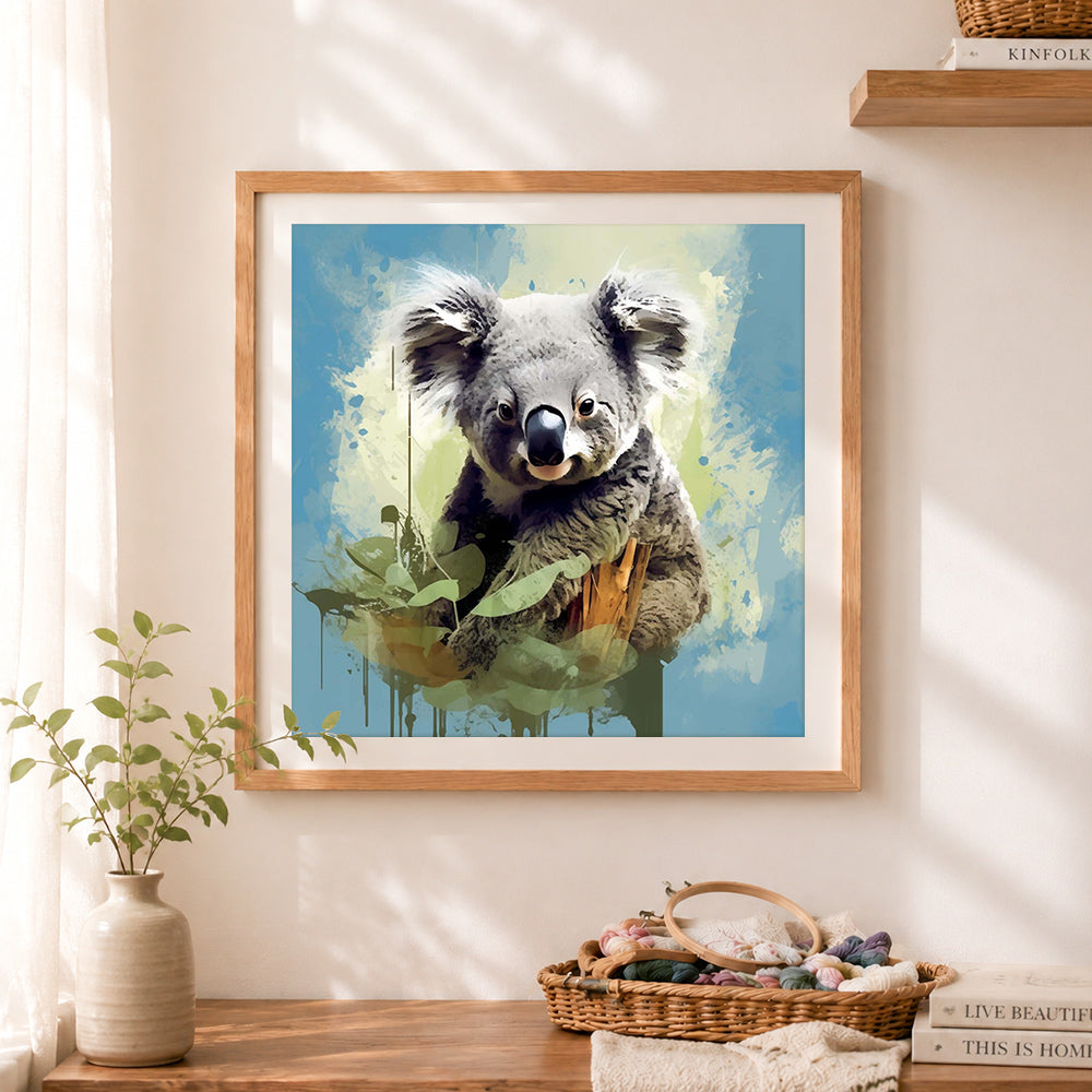 Finished watercolor koala art cross stitch artwork displayed as home decor