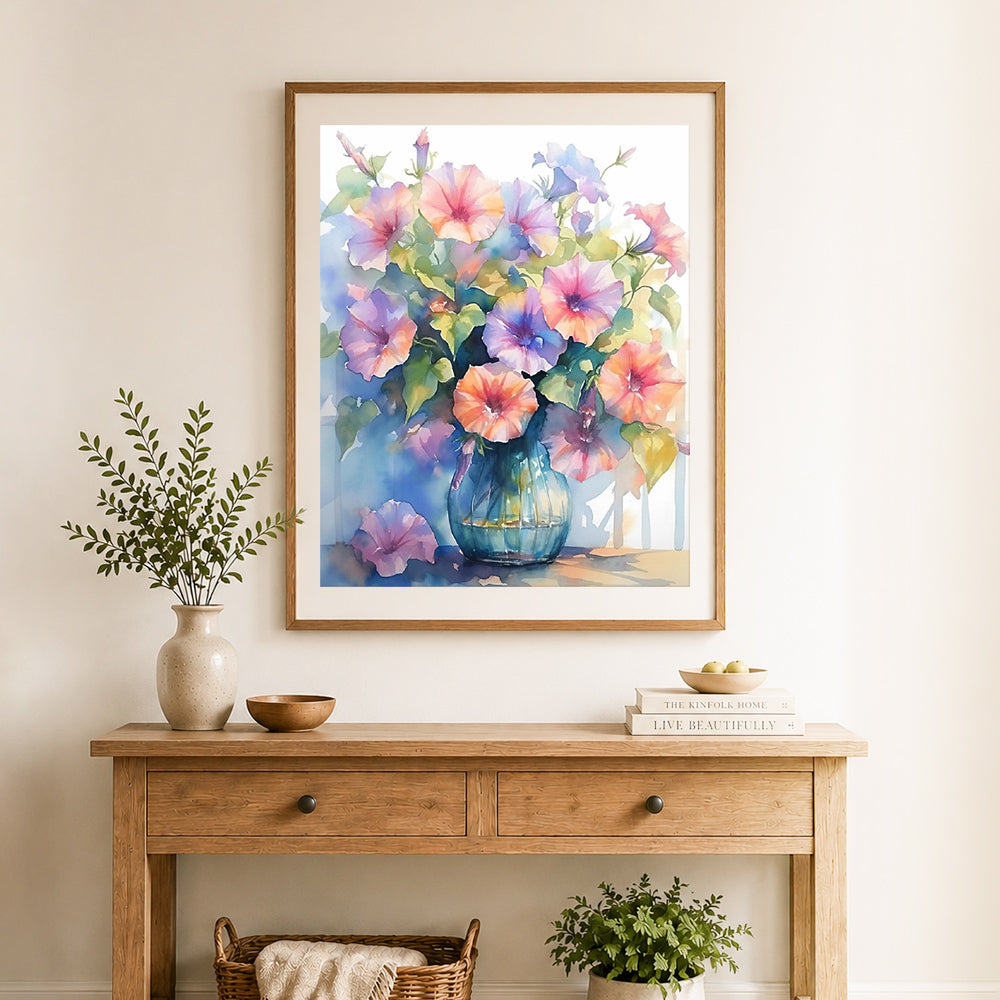 Finished watercolor morning glory cross stitch artwork displayed as home decor