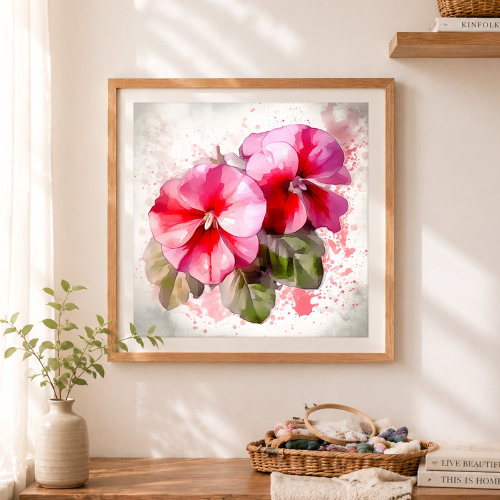 Finished watercolor pink geranium flowers cross stitch artwork displayed as home decor