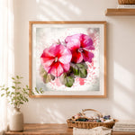 Finished watercolor pink geranium flowers cross stitch artwork displayed as home decor