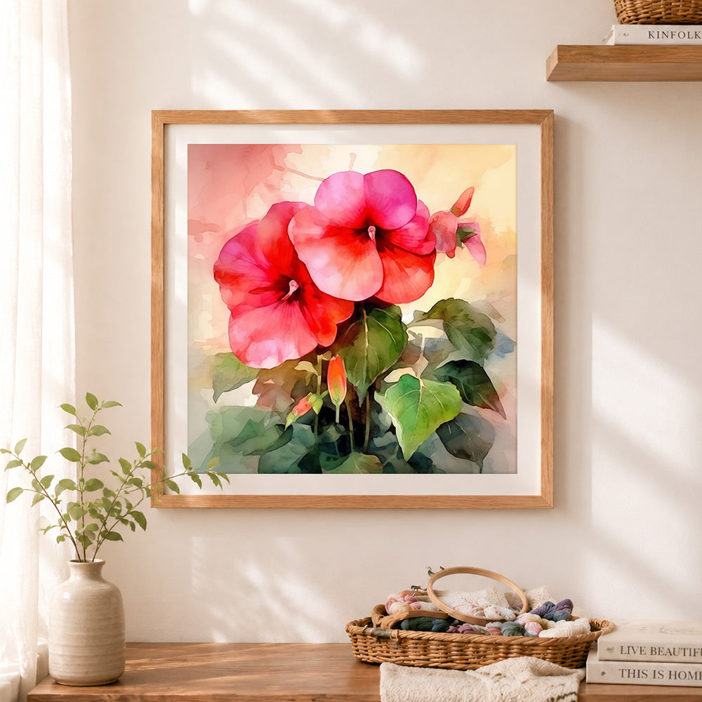 Finished watercolor pink hibiscus blooms cross stitch artwork displayed as home decor