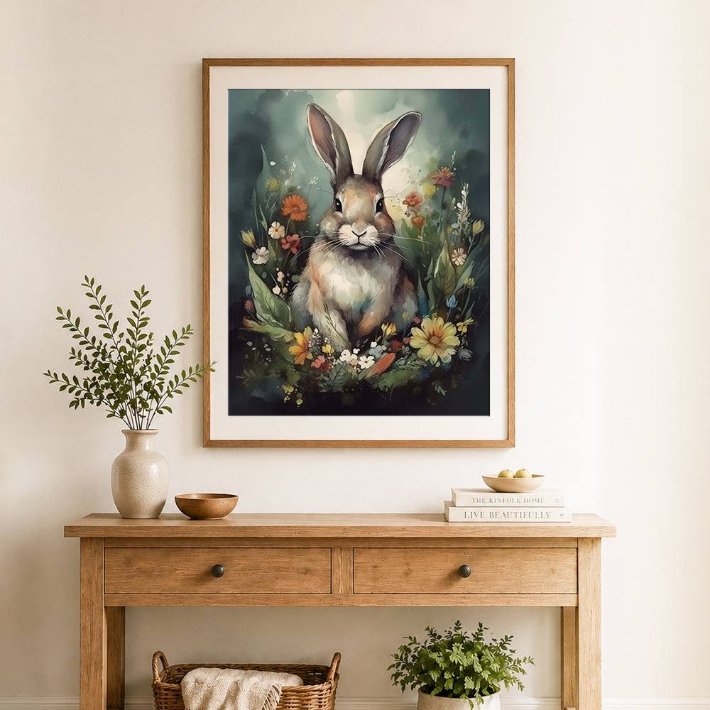 Finished watercolor rabbit in floral garden cross stitch artwork displayed as home decor