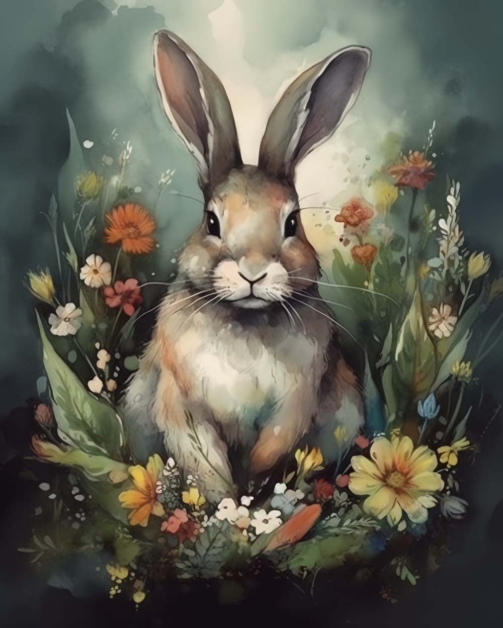 Watercolor rabbit in floral garden cross stitch kit for beginners