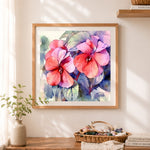 Finished watercolor red‑pink pansy blossoms cross stitch artwork displayed as home decor