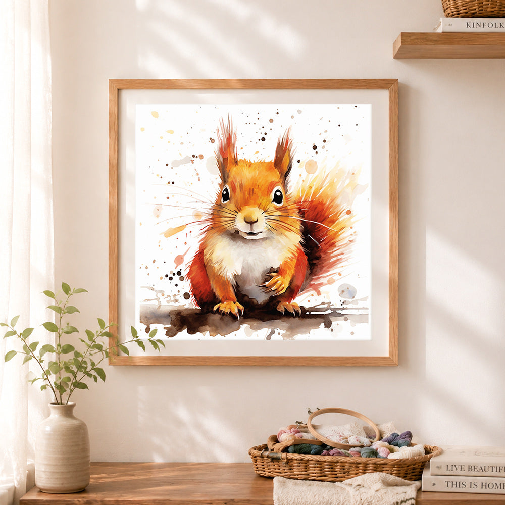 Finished watercolor red squirrel cross stitch artwork displayed as home decor