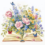 Watercolor roses and blue butterflies from a book cross stitch kit for beginners