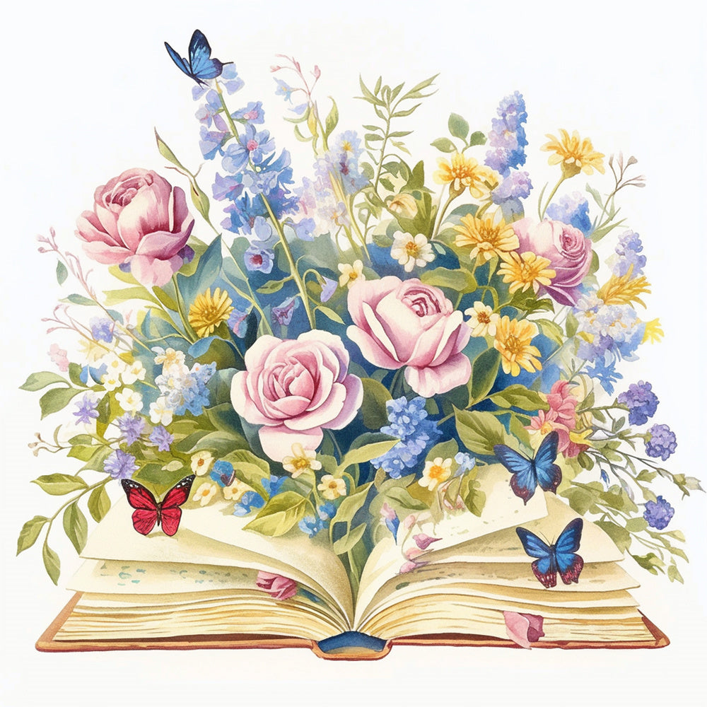 Watercolor roses and blue butterflies from a book cross stitch kit for beginners