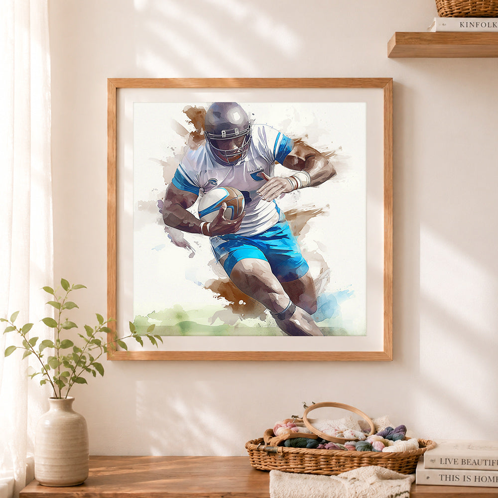 Finished watercolor rugby athlete cross stitch artwork displayed as home decor