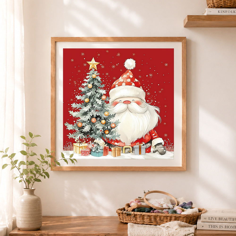 Finished watercolor santa with christmas gifts cross stitch artwork displayed as home decor