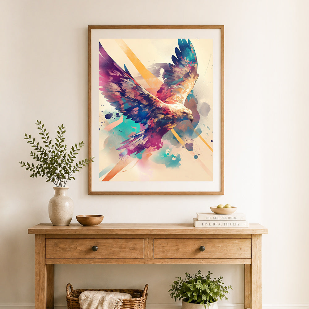 Finished watercolor splash flying eagle cross stitch artwork displayed as home decor