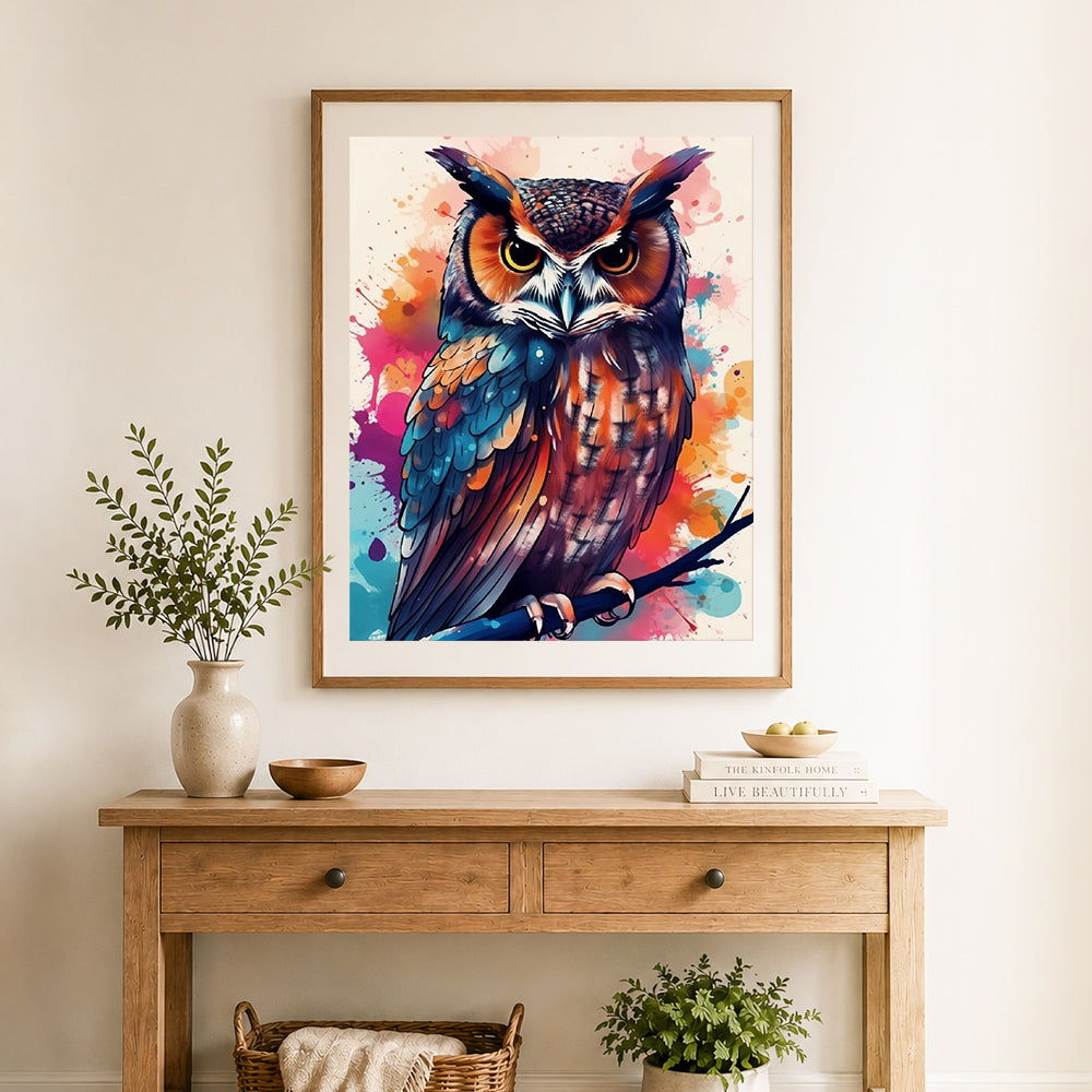 Finished watercolor splatter owl on branch cross stitch artwork displayed as home decor