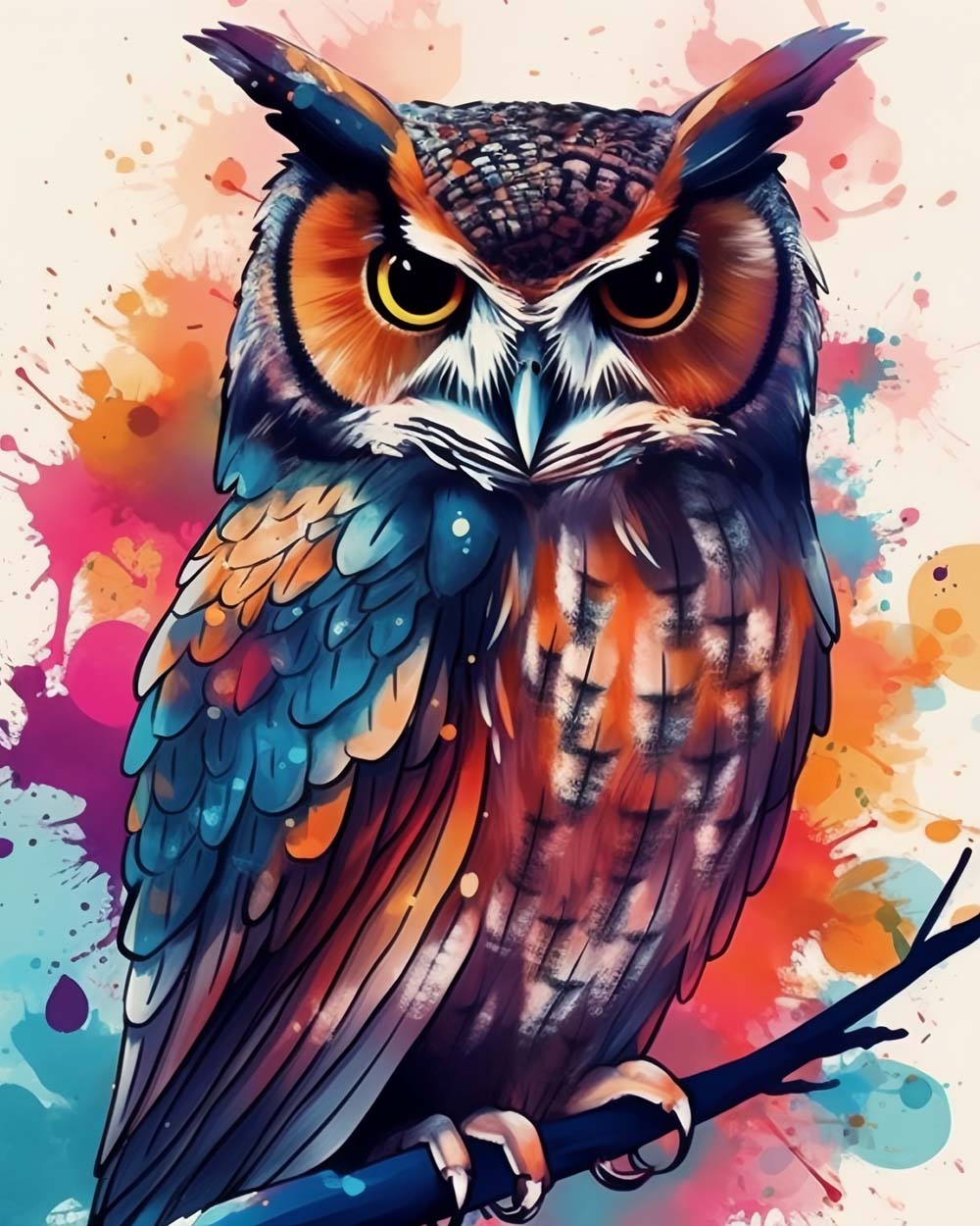 Watercolor splatter owl on branch cross stitch kit for beginners