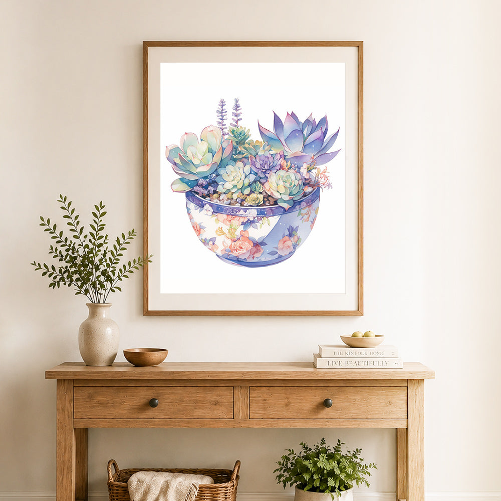 Finished watercolor succulent arrangement cross stitch artwork displayed as home decor