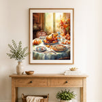 Finished watercolor thanksgiving feast cross stitch artwork displayed as home decor