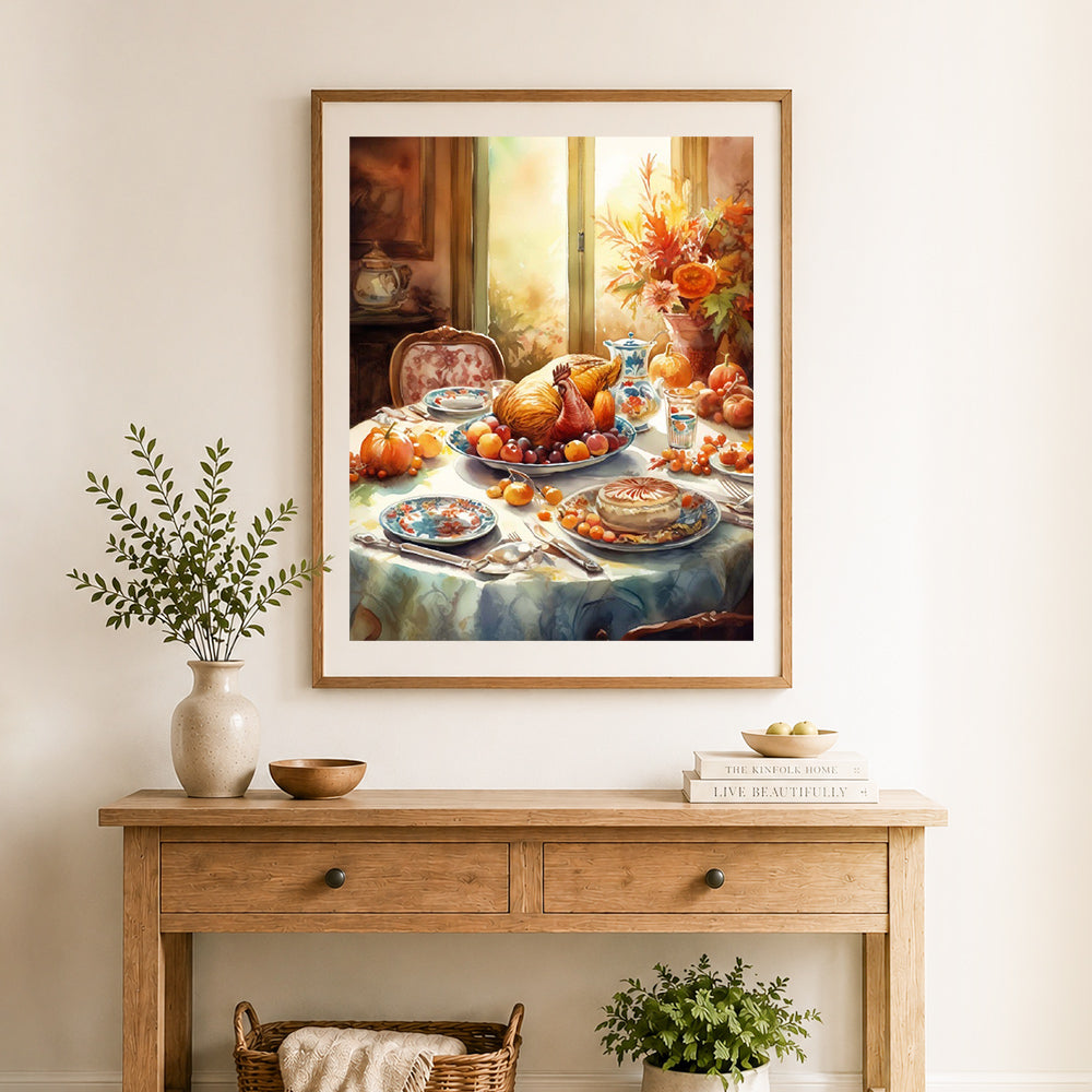 Finished watercolor thanksgiving feast cross stitch artwork displayed as home decor