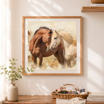 Finished watercolor two horse cross stitch artwork displayed as home decor