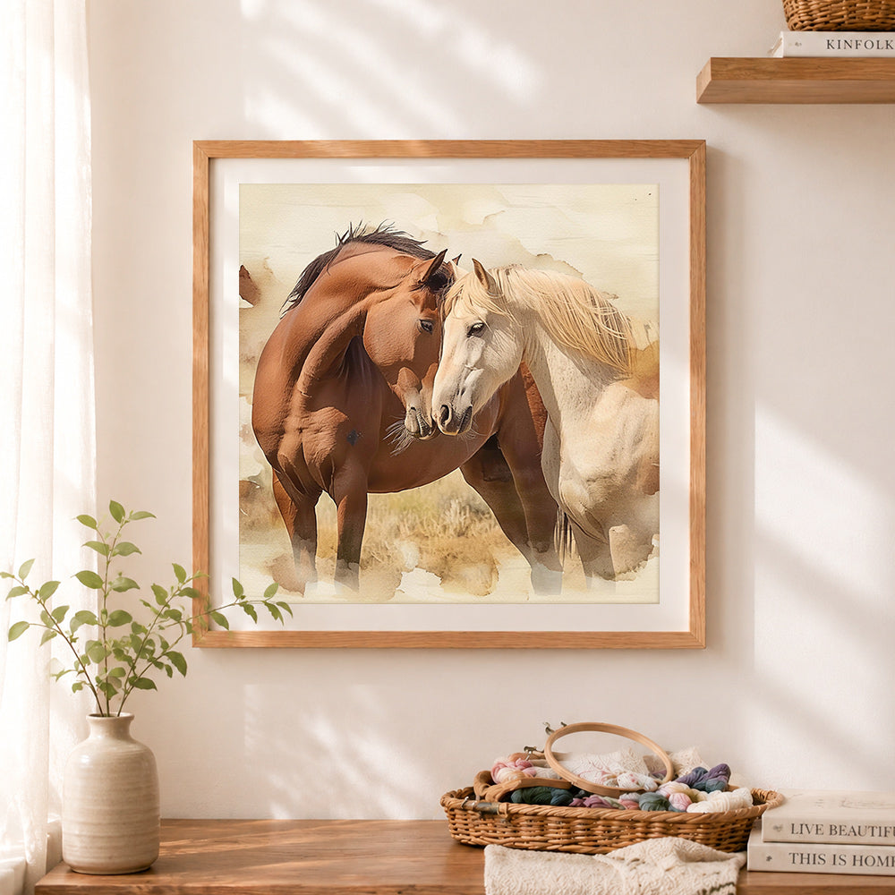 Finished watercolor two horse cross stitch artwork displayed as home decor