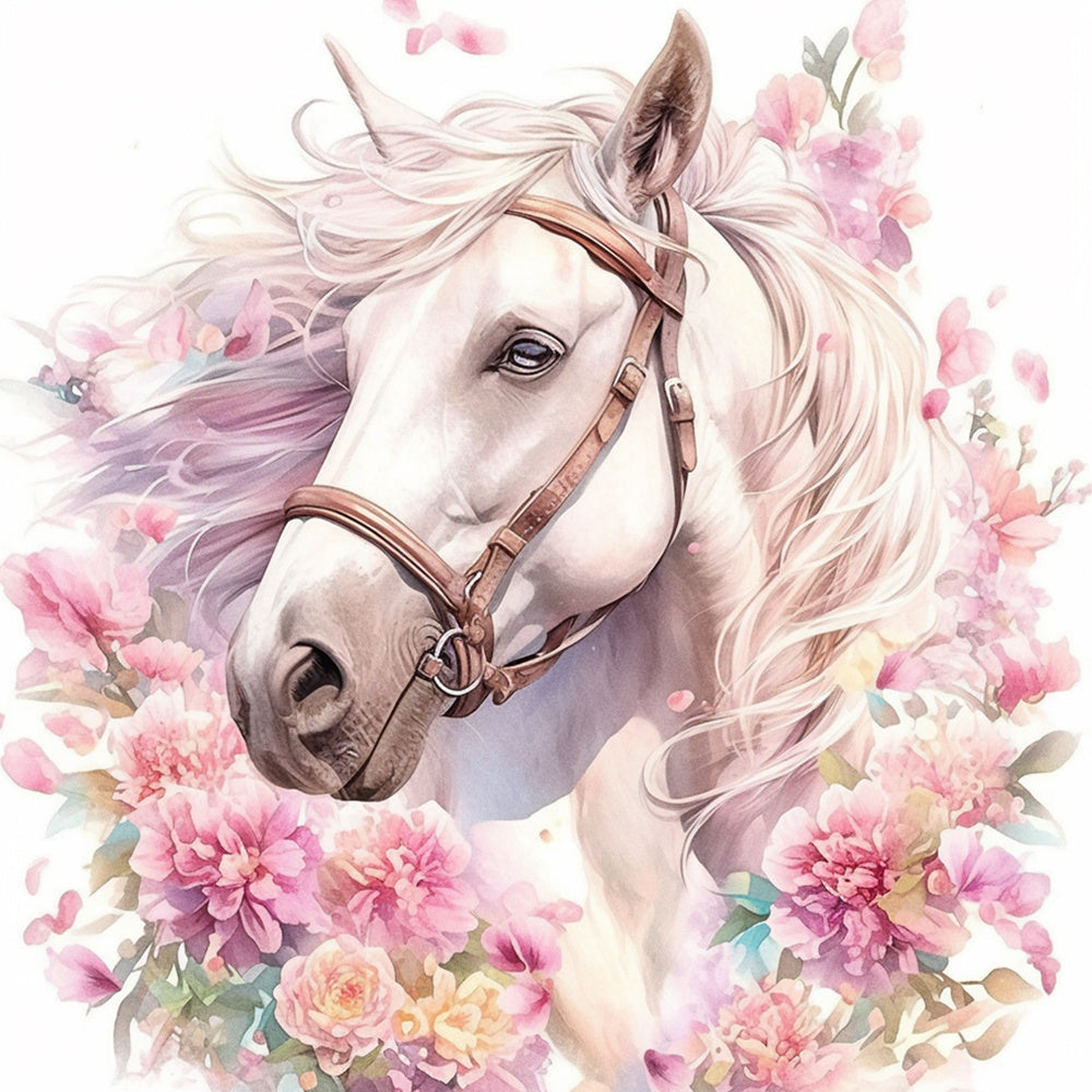 Watercolor white horse surrounded by blooms cross stitch kit for beginners