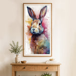 Finished watercolor wild hare cross stitch artwork displayed as home decor