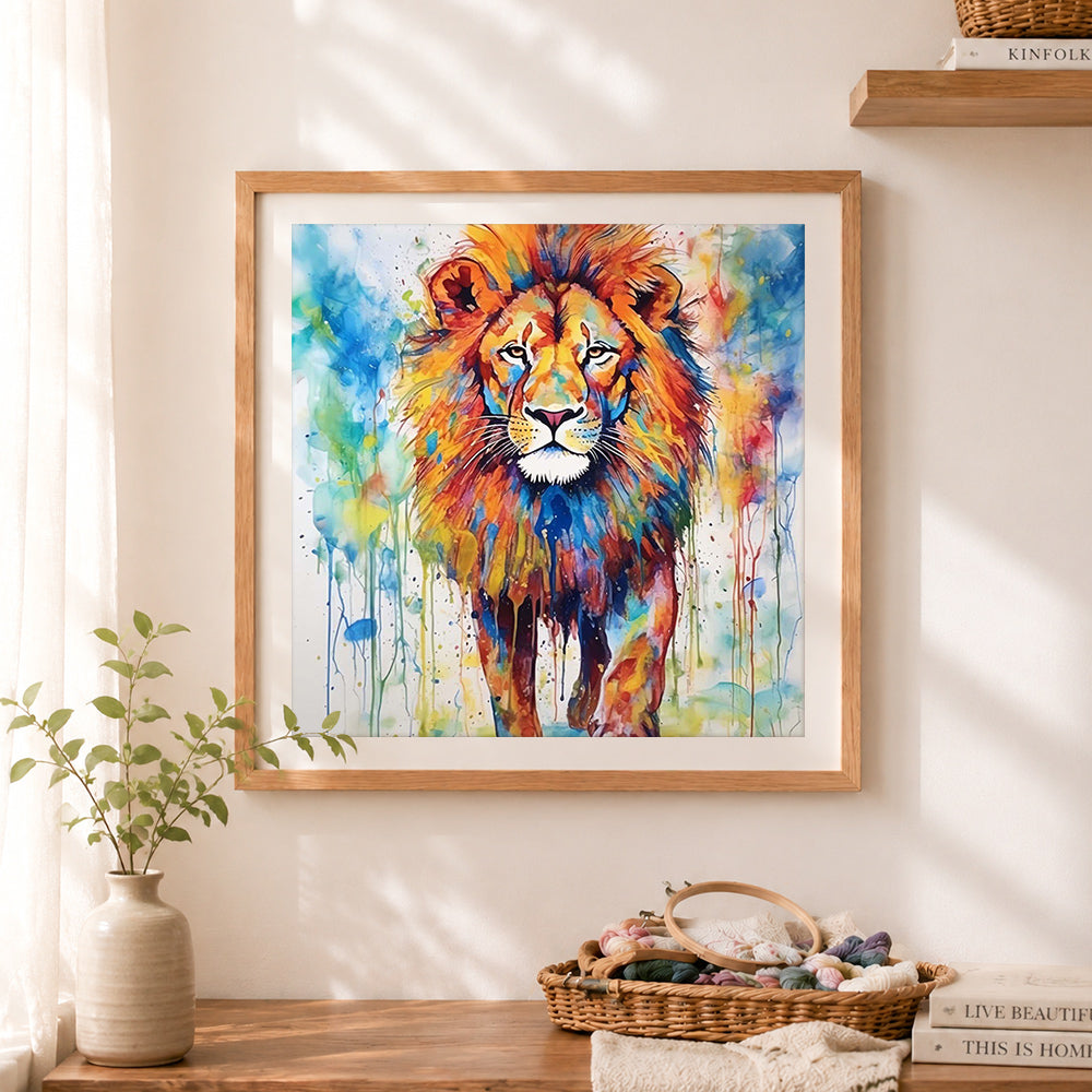Finished watercolour splash lion cross stitch artwork displayed as home decor